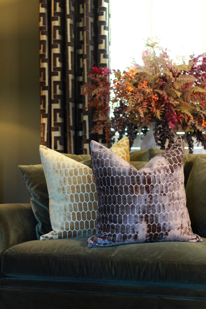 Sinclair Honeycomb Cushion – Chocolate Velvet styled view – Leya Buster Interiors