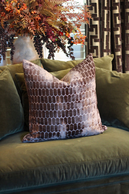 Sinclair Honeycomb Cushion – Chocolate Velvet styled view – Leya Buster Interiors