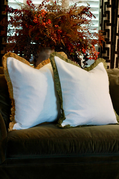 The Beaumont Cushion – Olive Fringe styled view – Leya Buster Interiors