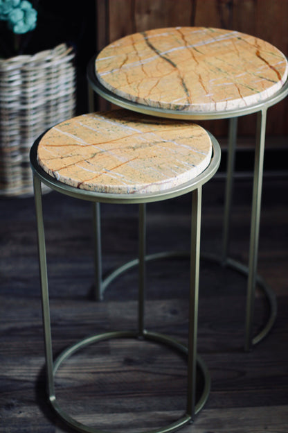 Ochre Rajasthani Marble Nest of Side Tables styled view – Leya Buster Interiors