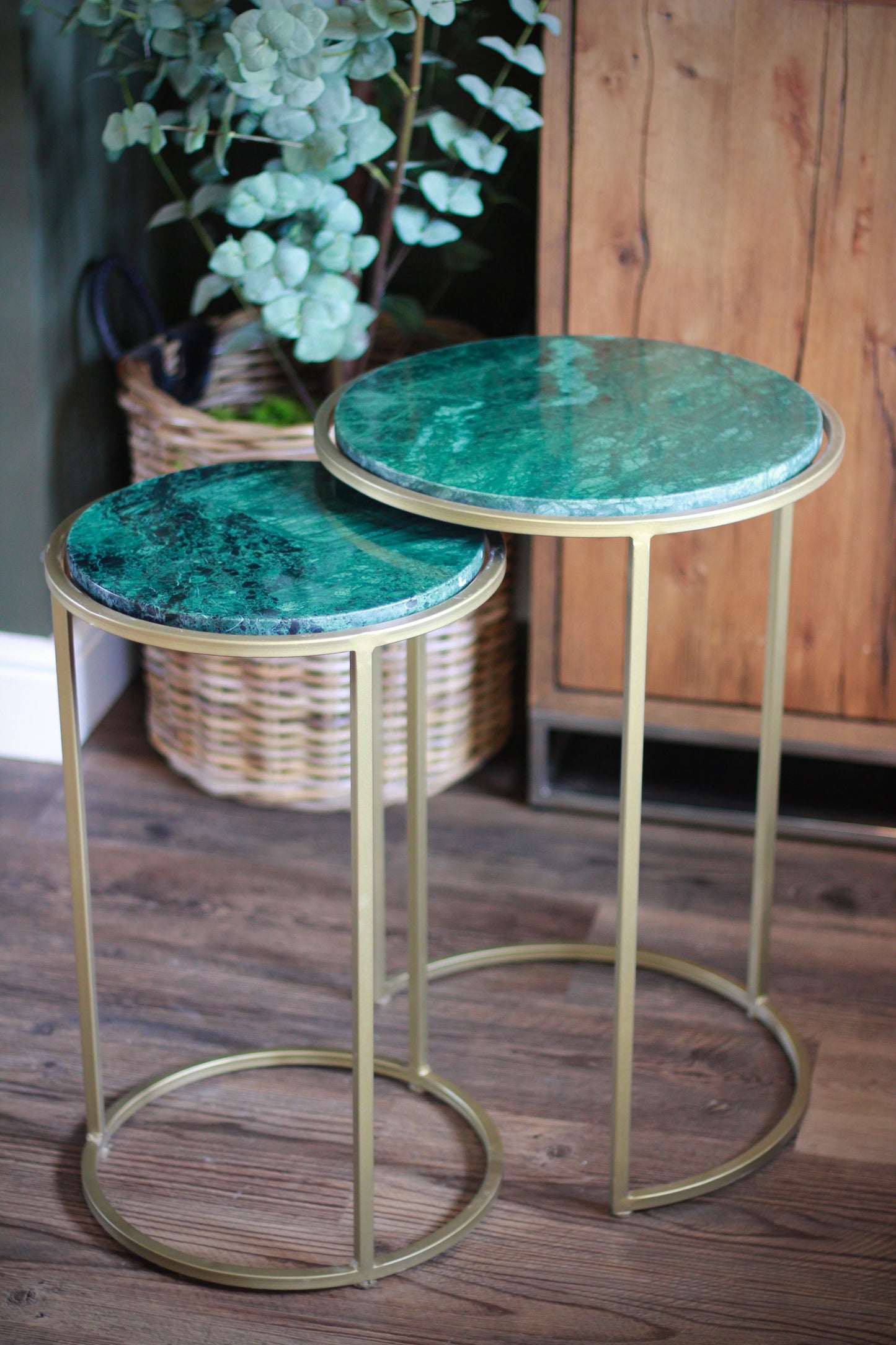 Forest Green Rajasthani Marble Nest of Side Tables styled view – Leya Buster Interiors