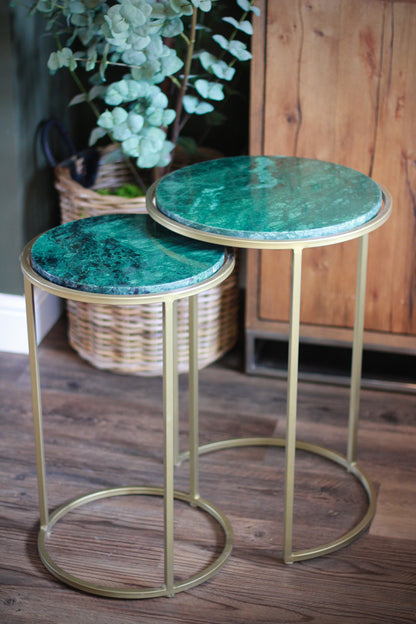 Forest Green Rajasthani Marble Nest of Side Tables styled view – Leya Buster Interiors
