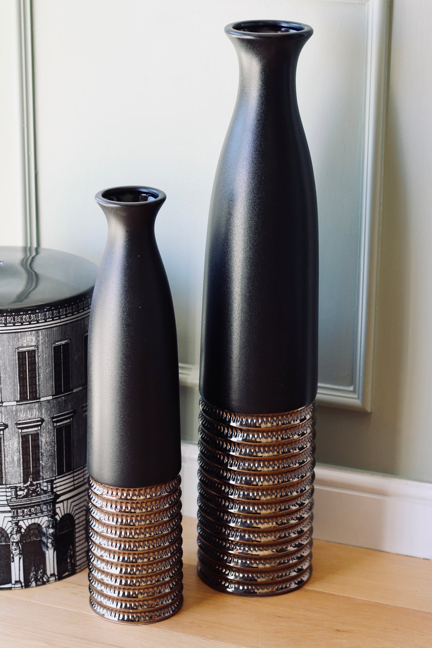 Black & Bronze Textured Floor Vase | Small & Large styled view – Leya Buster Interiors