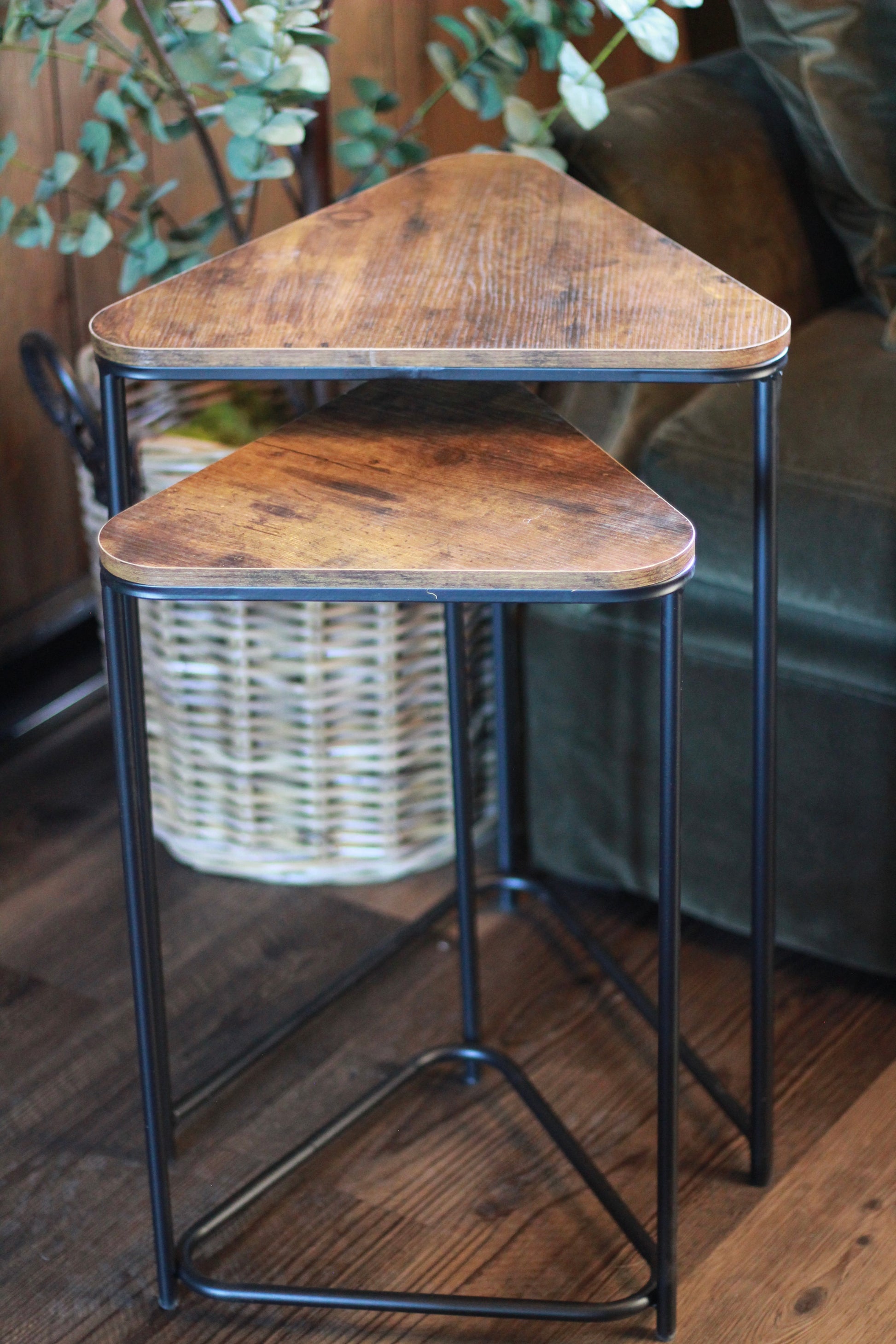 Set of 2 Wood Effect Nesting Side Tables | Black Metal Frame styled view – Leya Buster Interiors
