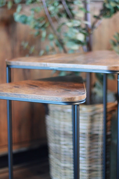 Set of 2 Wood Effect Nesting Side Tables | Black Metal Frame styled view – Leya Buster Interiors