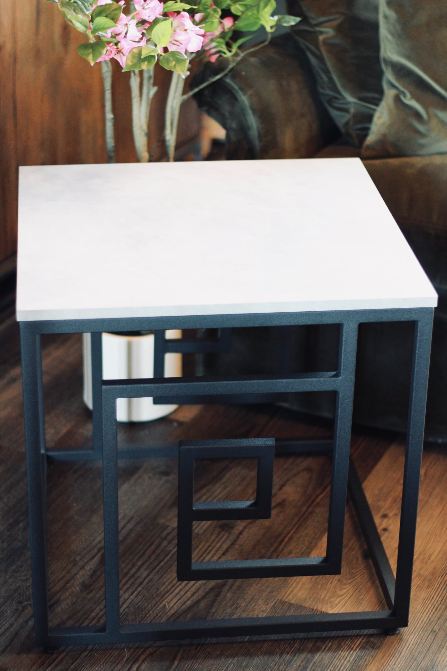 Black Metal Side Table with Marble Effect Top styled view – Leya Buster Interiors