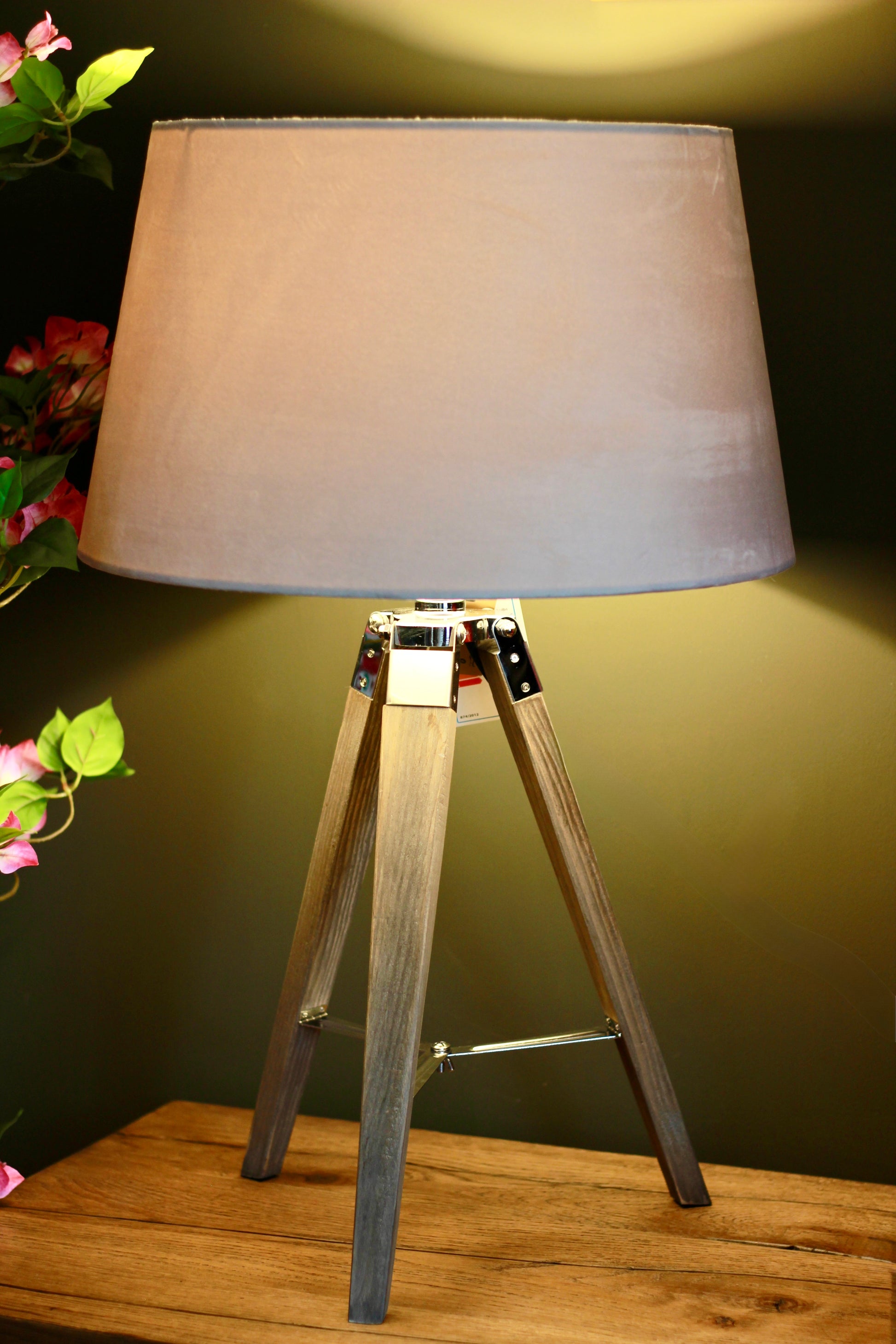 Grey Wooden Tripod Table Lamp with Velvet Shade styled view – Leya Buster Interiors