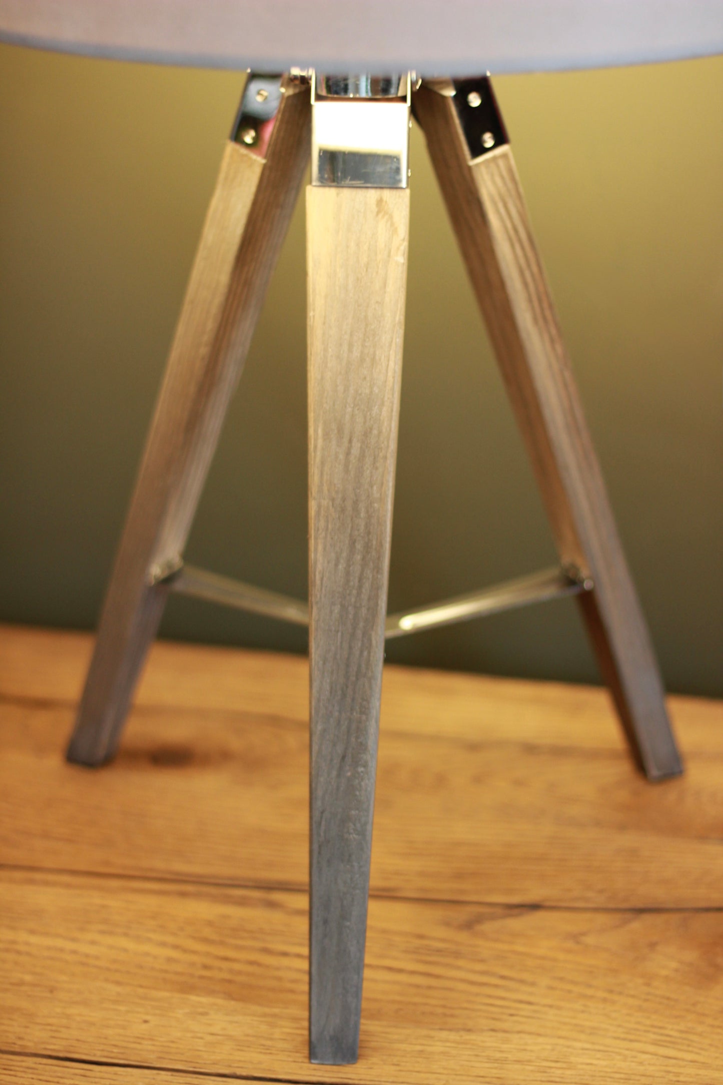 Grey Wooden Tripod Table Lamp with Velvet Shade styled view – Leya Buster Interiors