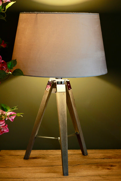 Grey Wooden Tripod Table Lamp with Velvet Shade styled view – Leya Buster Interiors