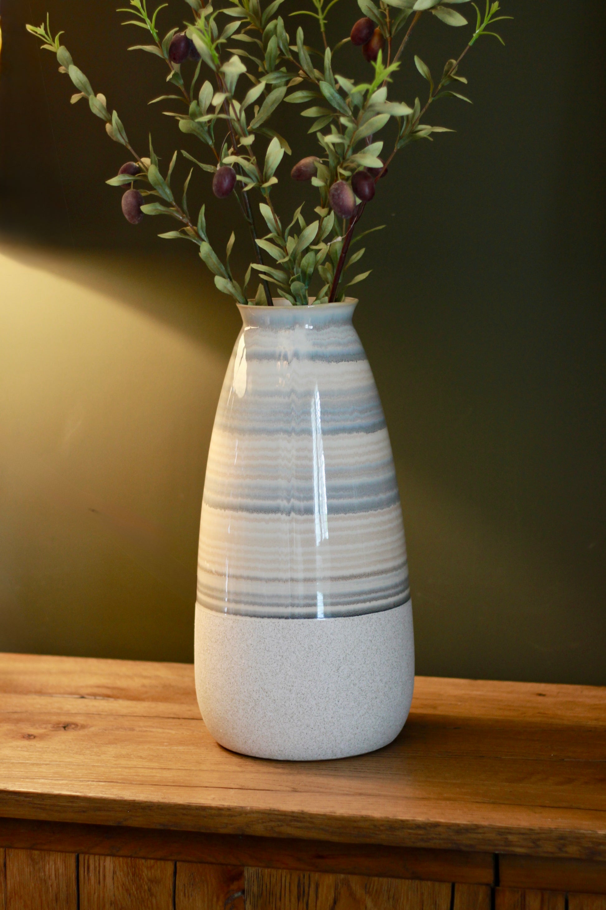Beige Striped Ceramic Vase | Small & Large styled view – Leya Buster Interiors