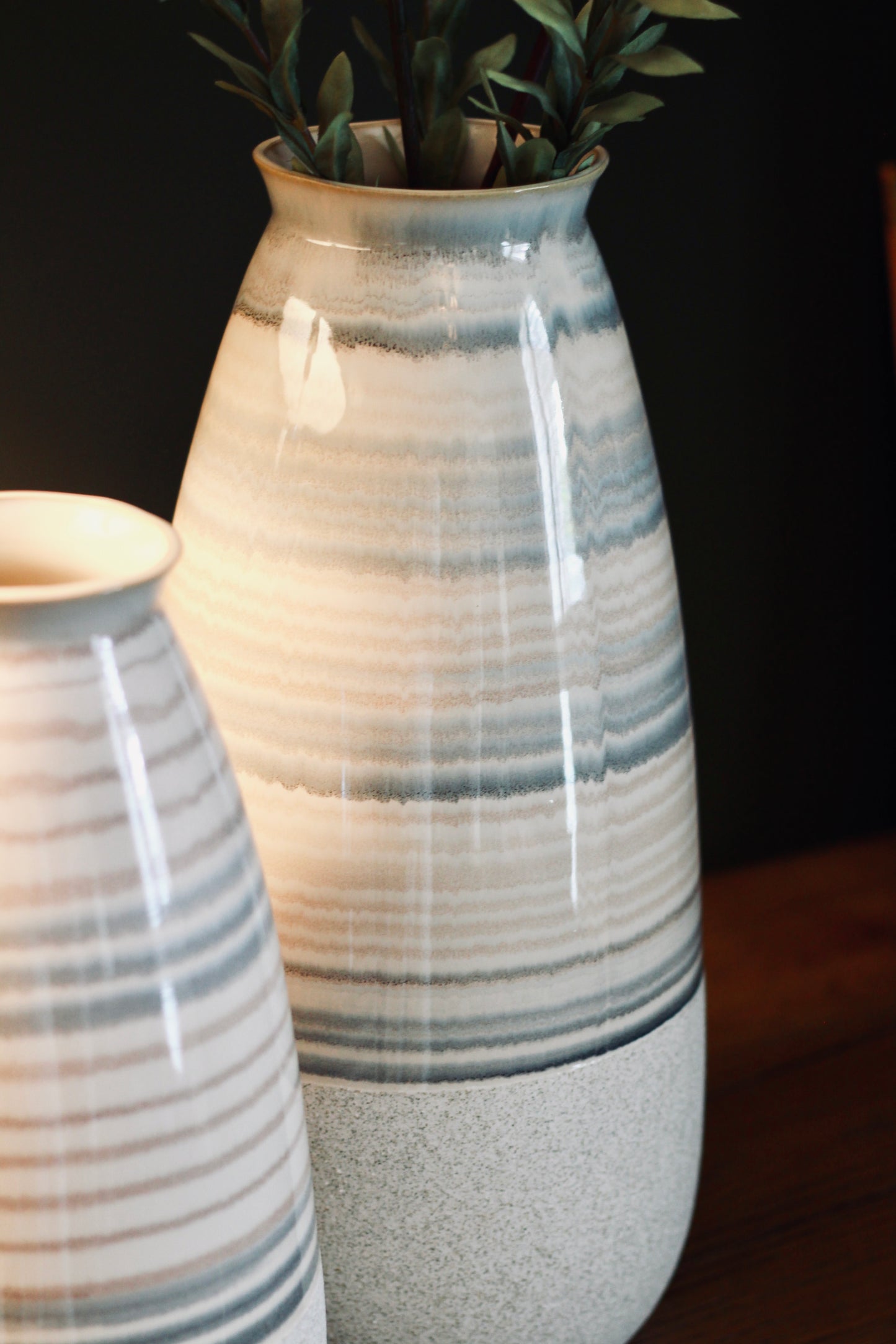 Beige Striped Ceramic Vase | Small & Large styled view – Leya Buster Interiors