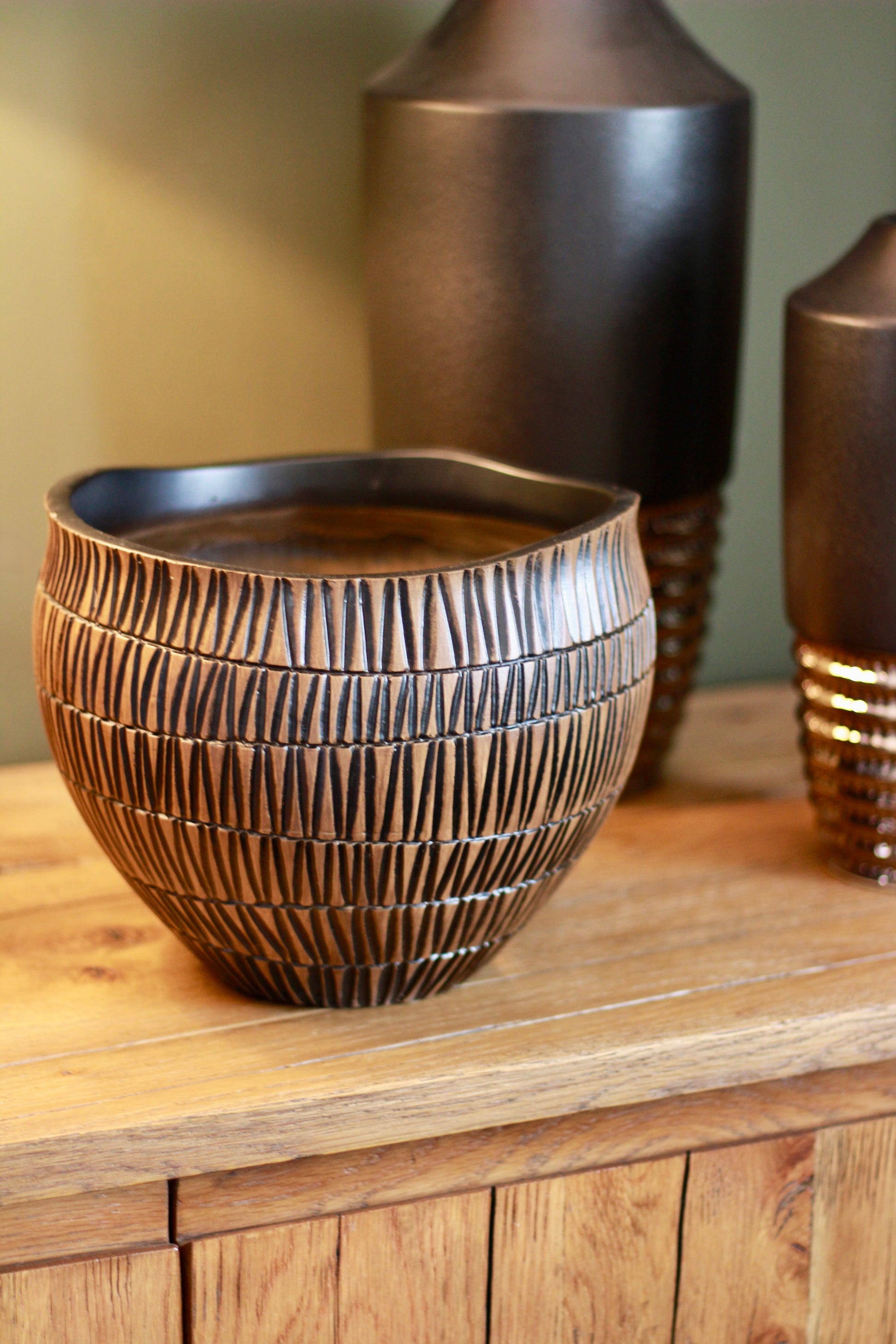 Carved Black & Brown Decorative Bowl styled view – Leya Buster Interiors
