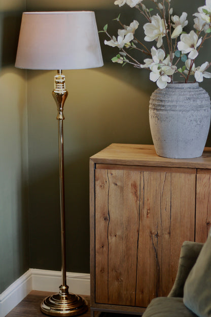Gold Floor Lamp with Grey Velvet Shade styled view – Leya Buster Interiors