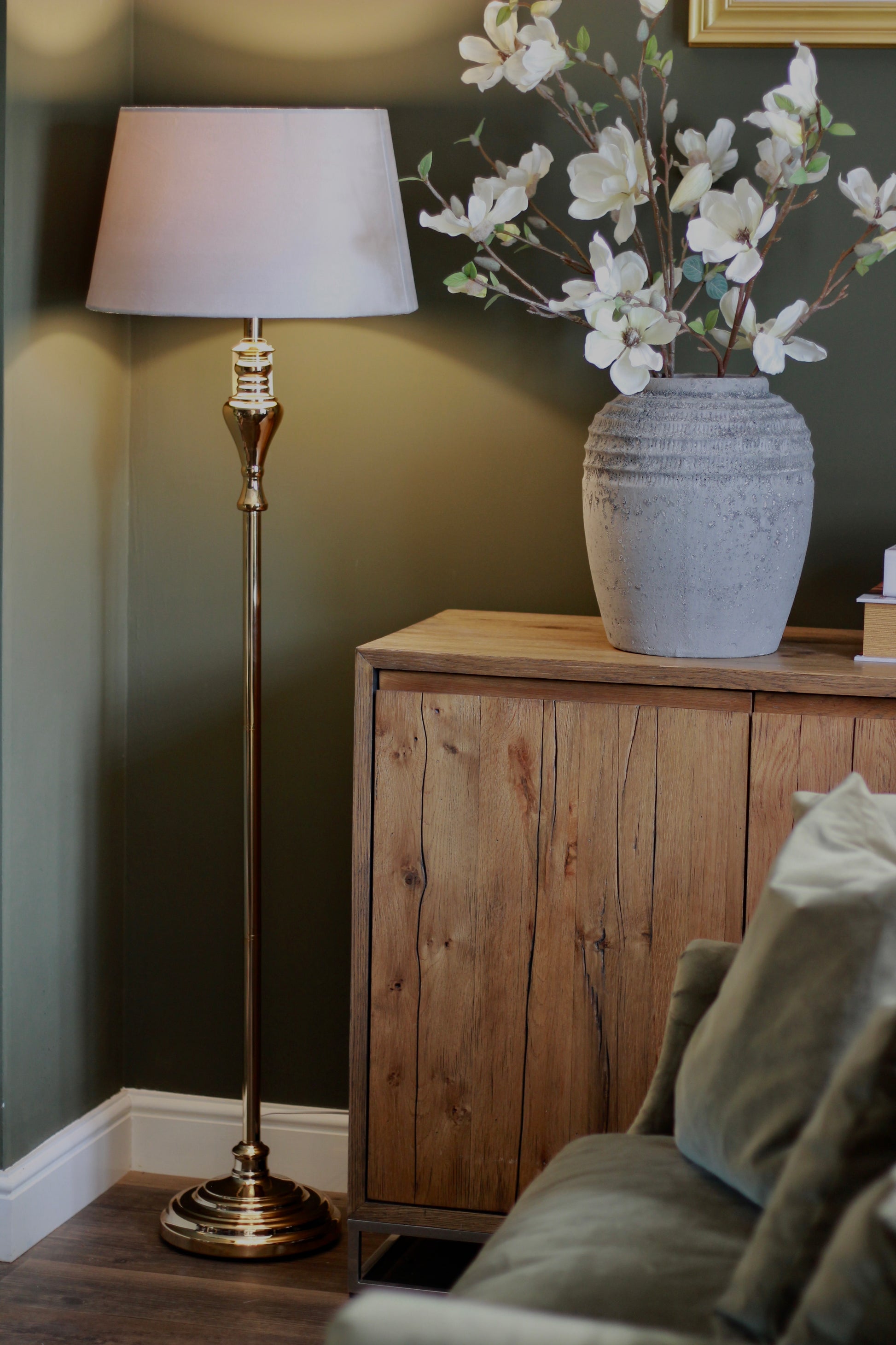 Gold Floor Lamp with Grey Velvet Shade styled view – Leya Buster Interiors