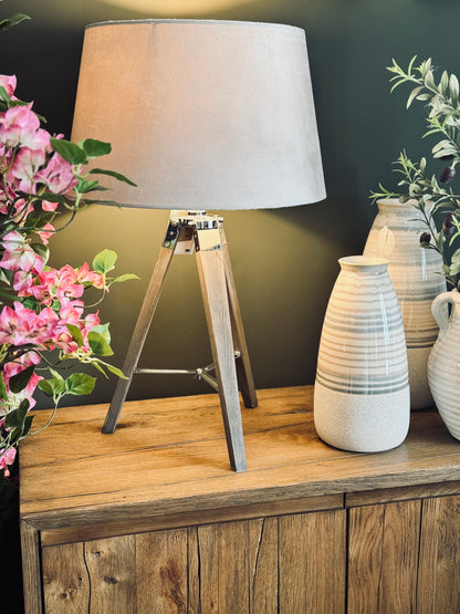 Grey Wooden Tripod Table Lamp with Velvet Shade styled view – Leya Buster Interiors
