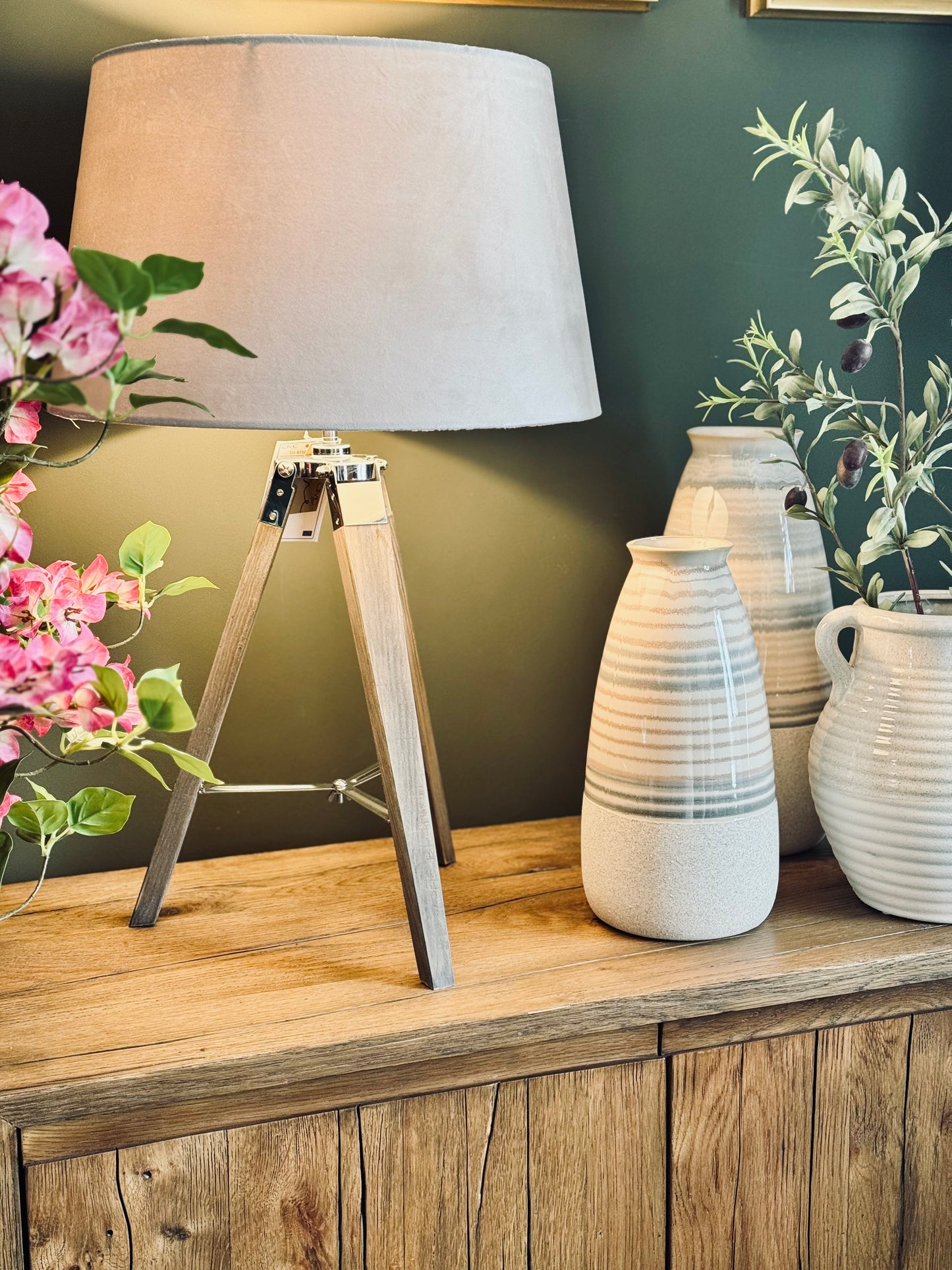 Grey Wooden Tripod Table Lamp with Velvet Shade styled view – Leya Buster Interiors