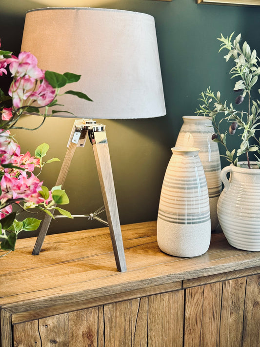 Grey Wooden Tripod Table Lamp with Velvet Shade – table lamp at Leya Buster Interiors