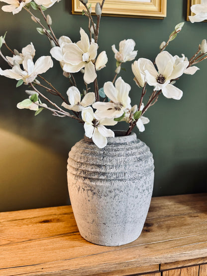 Antique Grey Terracotta Pot Vase styled view – Leya Buster Interiors
