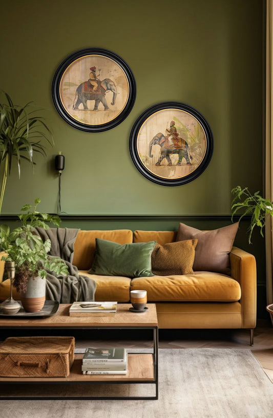 Mughal Emperor on Elephant RF – Oxford round frame – framed wall art at Leya Buster Interiors