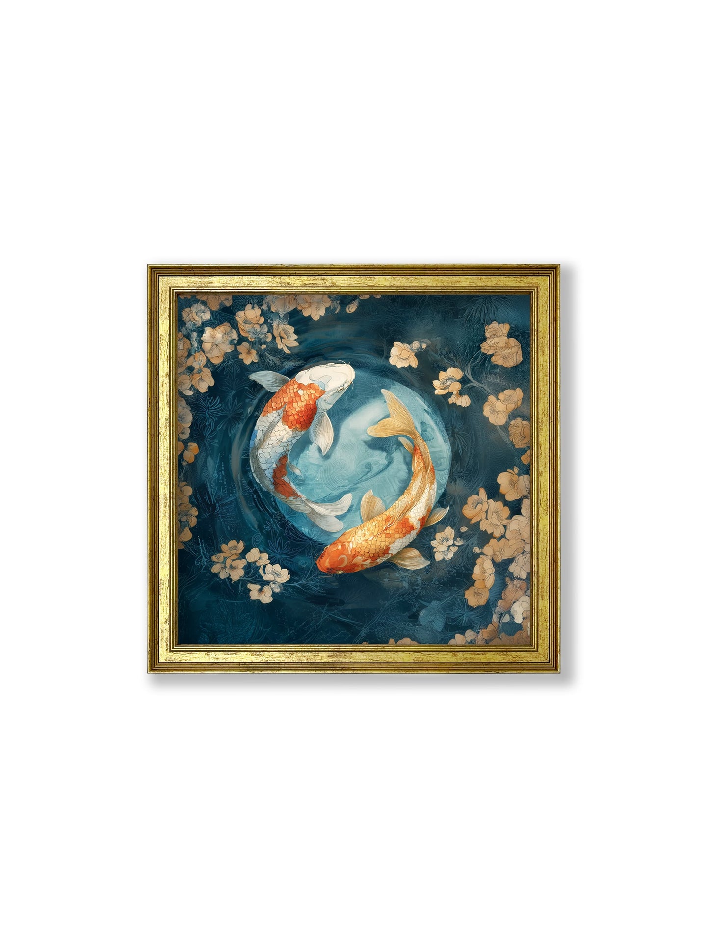 Japanese Koi Carp Dawn – Gold Hurstwood Square Frame styled view – Leya Buster Interiors