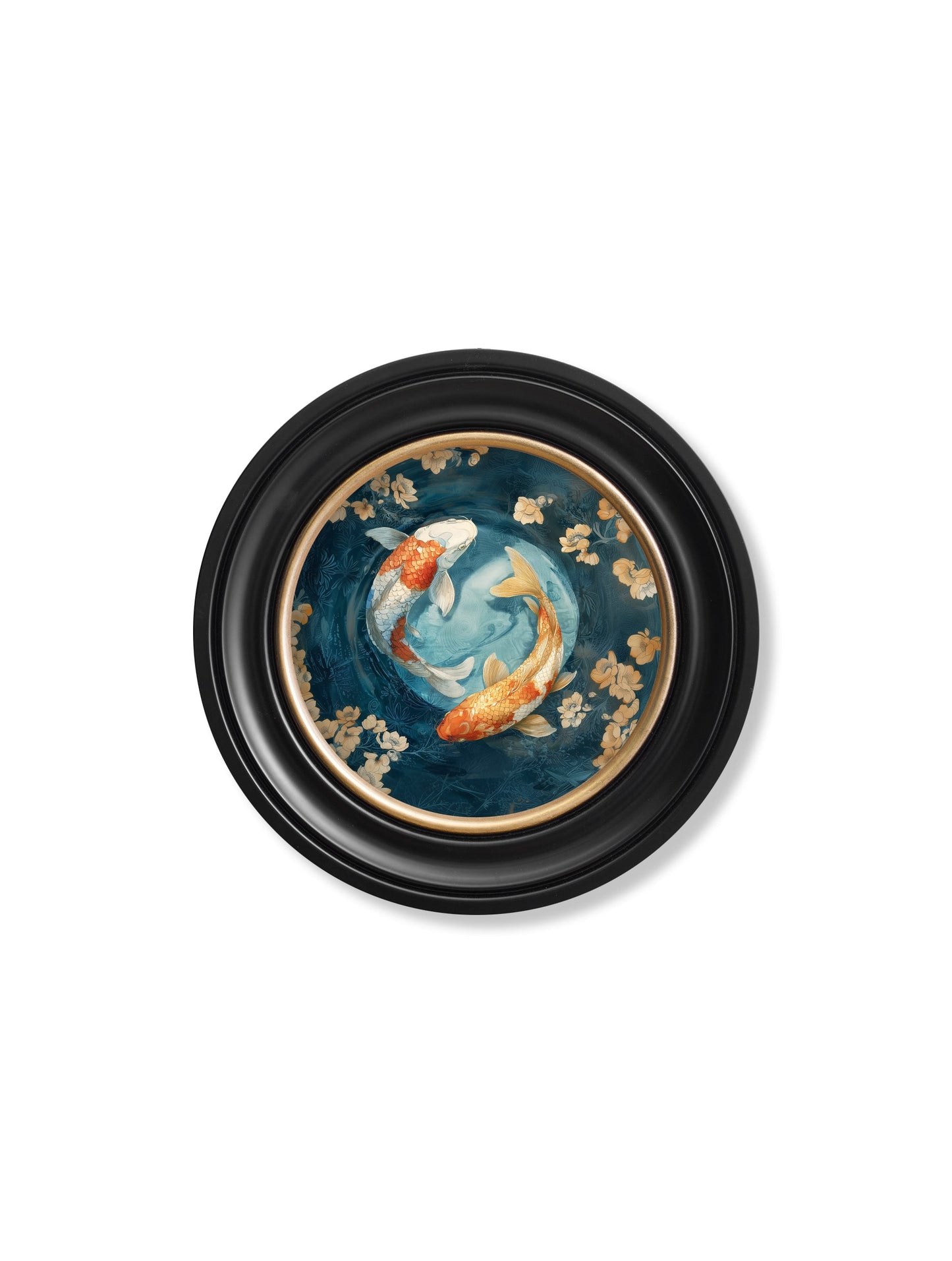 Japanese Koi Carp Dawn – Oxford Round Frame styled view – Leya Buster Interiors