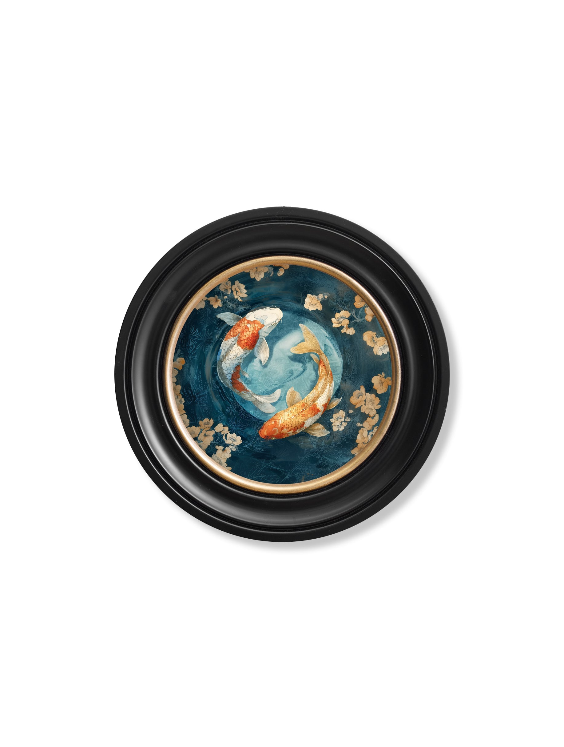 Japanese Koi Carp Dawn – Oxford Round Frame styled view – Leya Buster Interiors