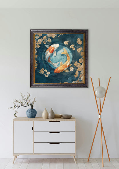 Japanese Koi Carp Dawn – Oxford Square Frame styled view – Leya Buster Interiors