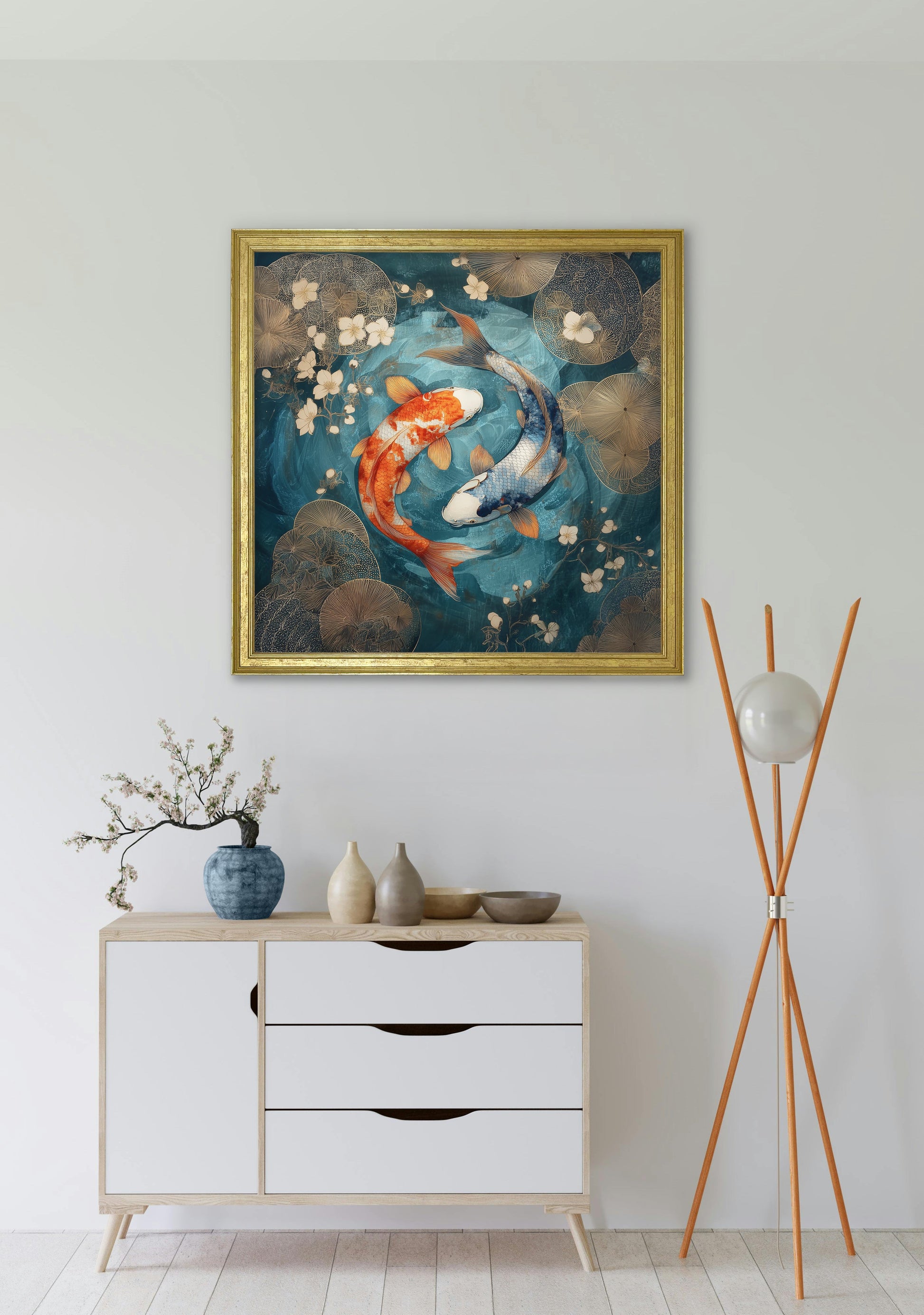 Japanese Koi Carp Dusk – Gold Hurstwood Square Frame styled view – Leya Buster Interiors