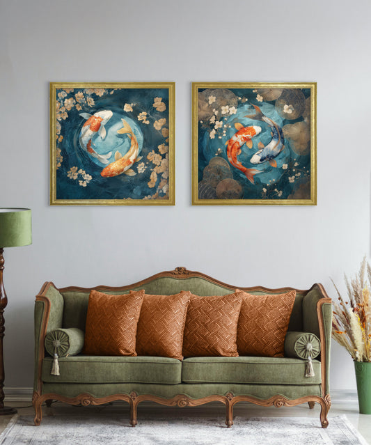 Japanese Koi Carp Dawn – Gold Hurstwood Square Frame – framed wall art at Leya Buster Interiors