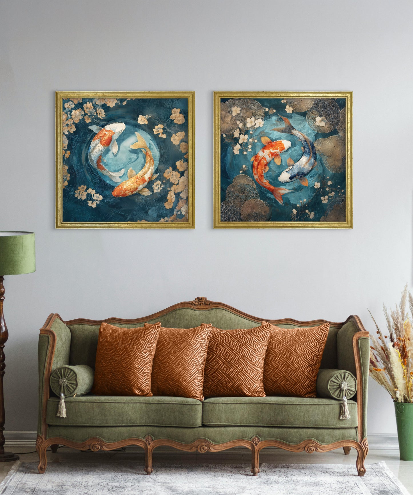 Japanese Koi Carp Dusk – Gold Hurstwood Square Frame – framed wall art at Leya Buster Interiors