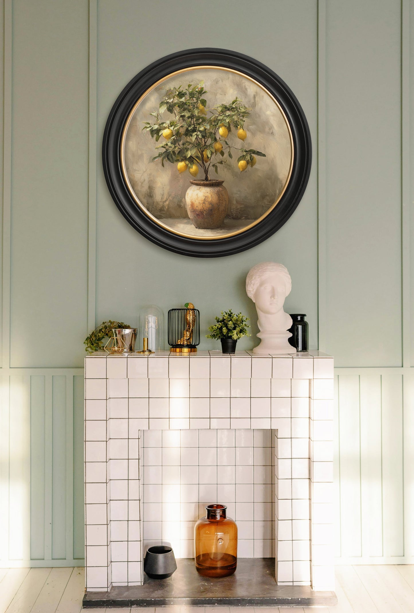 Mediterranean Lemon Tree – Oxford Round Frame – framed wall art at Leya Buster Interiors