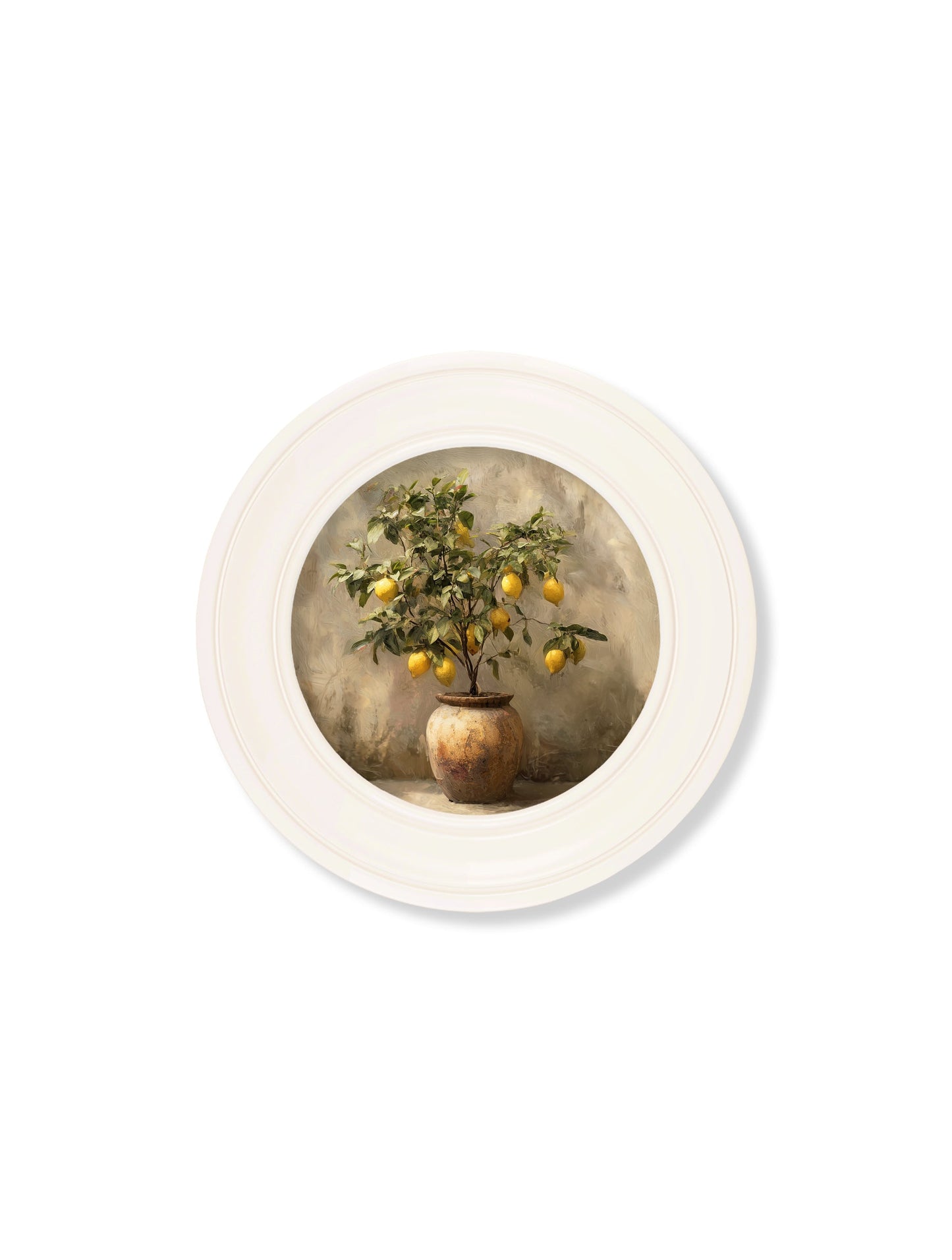 Mediterranean Lemon Tree – Oxford Strong White Round Frame styled view – Leya Buster Interiors