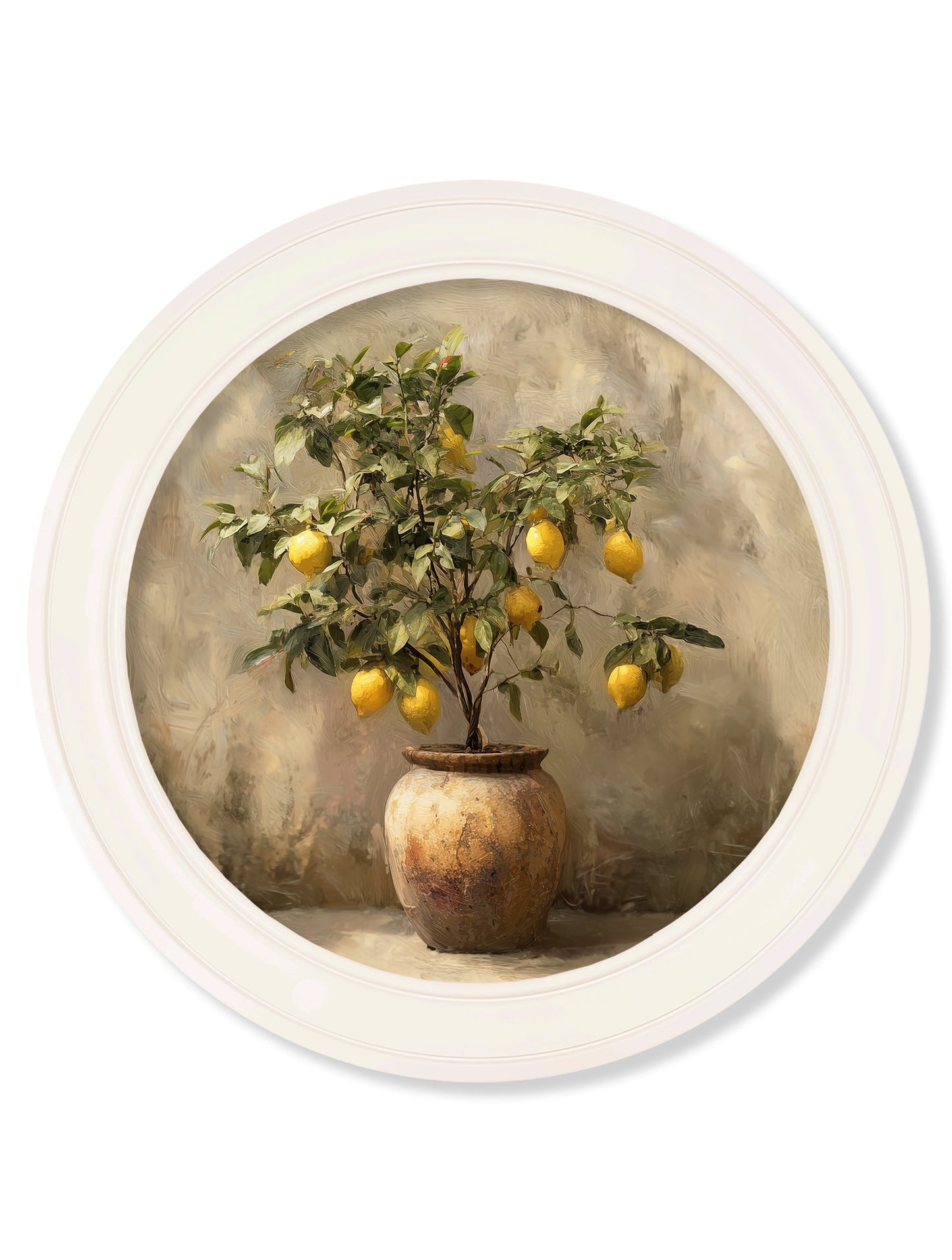 Mediterranean Lemon Tree – Oxford Strong White Round Frame detail – Leya Buster Interiors