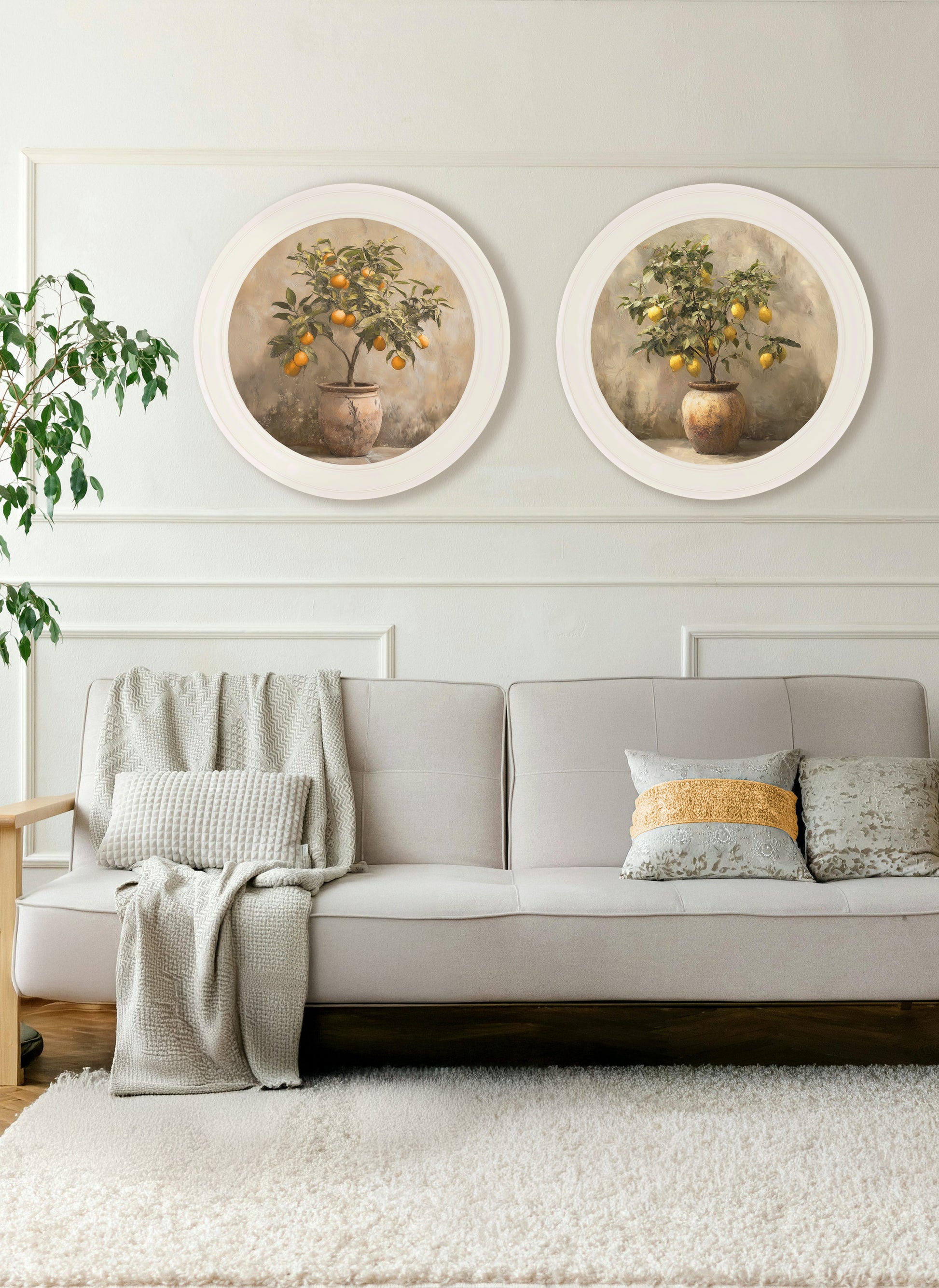 Mediterranean Orange Tree – Oxford Strong White Round Frame styled view – Leya Buster Interiors