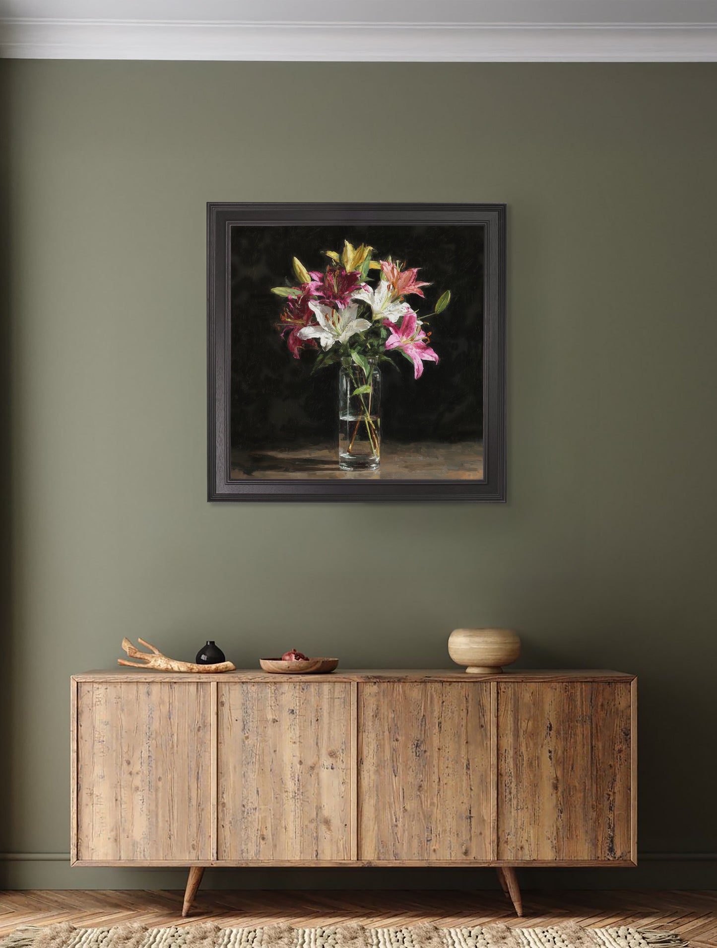 Lilies After Dark – Black Hurstwood Square Frame – framed wall art at Leya Buster Interiors