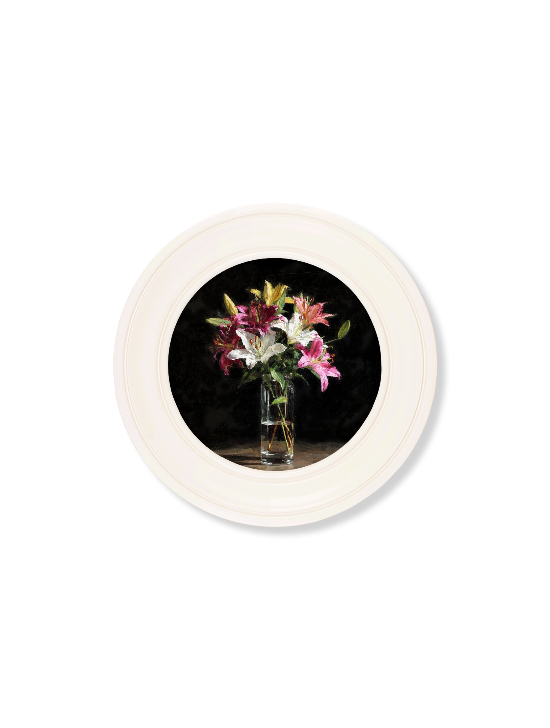 Lilies After Dark – Oxford Strong White Round Frame styled view – Leya Buster Interiors