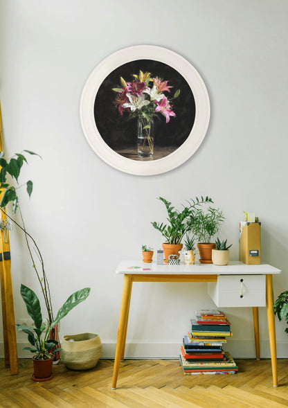 Lilies After Dark – Oxford Strong White Round Frame – framed wall art at Leya Buster Interiors