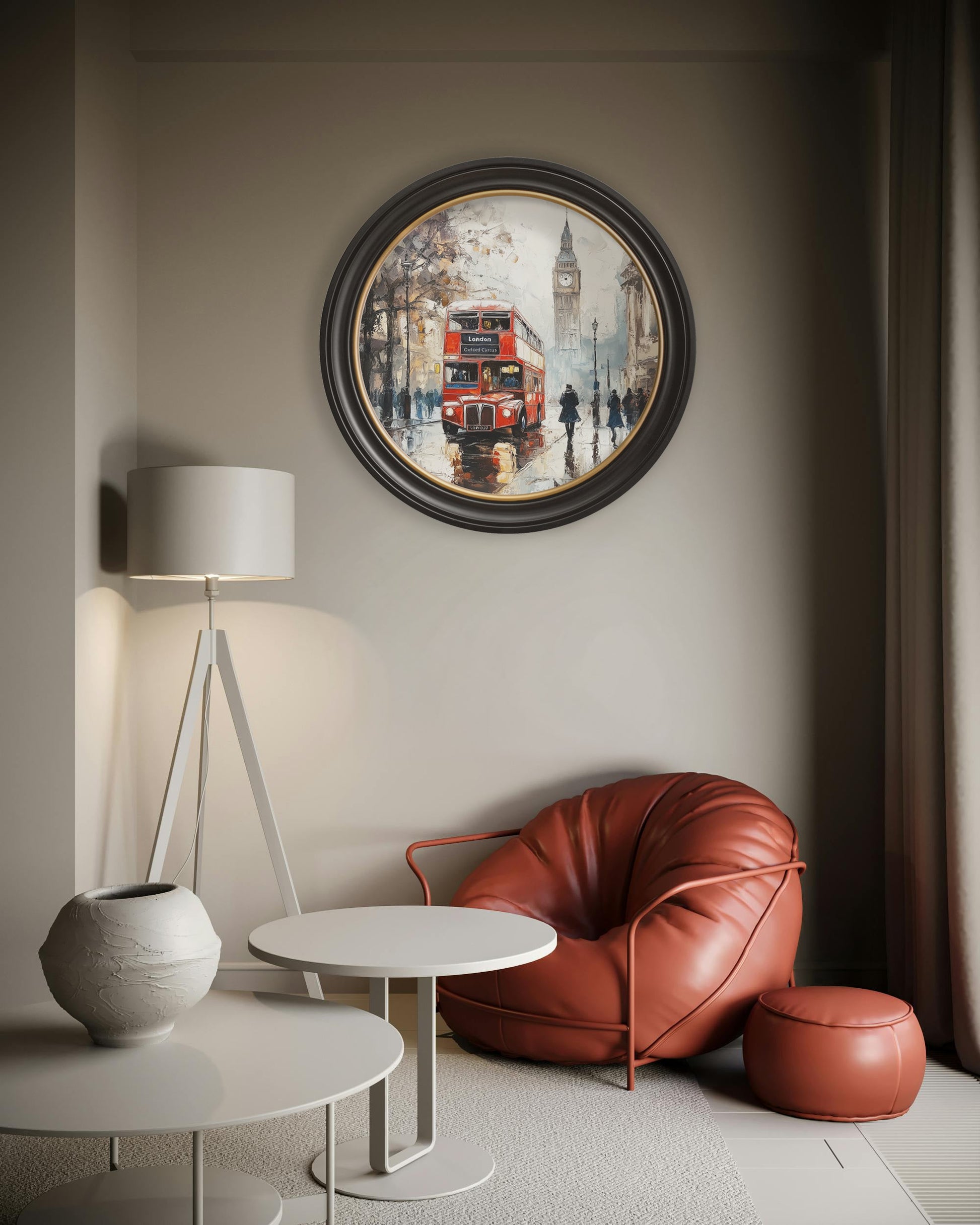 London Bus – Oxford Round Frame – framed wall art at Leya Buster Interiors