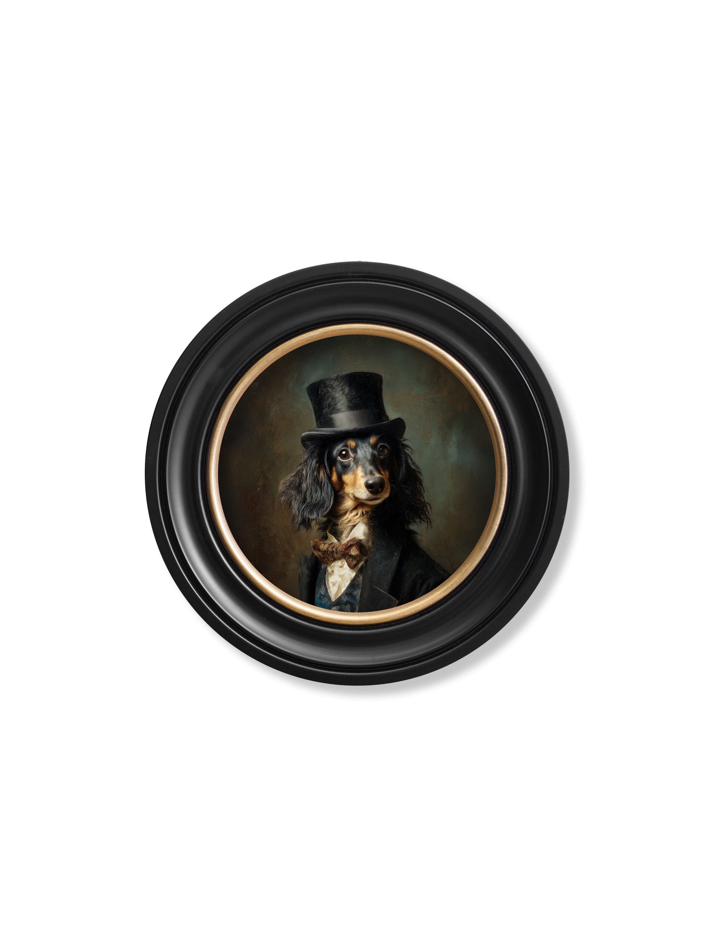 Sir Sausageworth – Gentleman Dachshund Oxford Round Frame styled view – Leya Buster Interiors