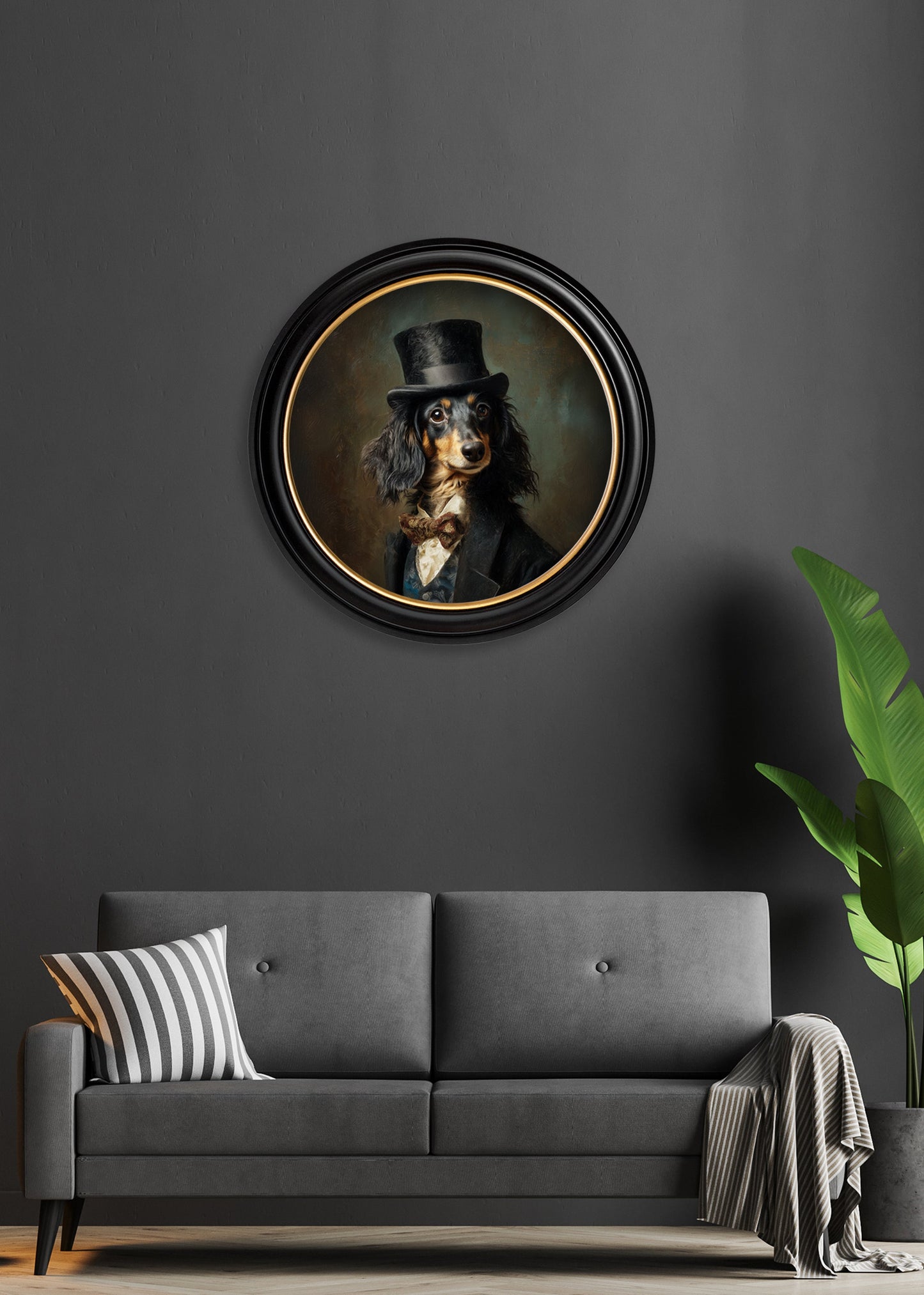 Sir Sausageworth – Gentleman Dachshund Oxford Round Frame – fine home fragrance at Leya Buster Interiors