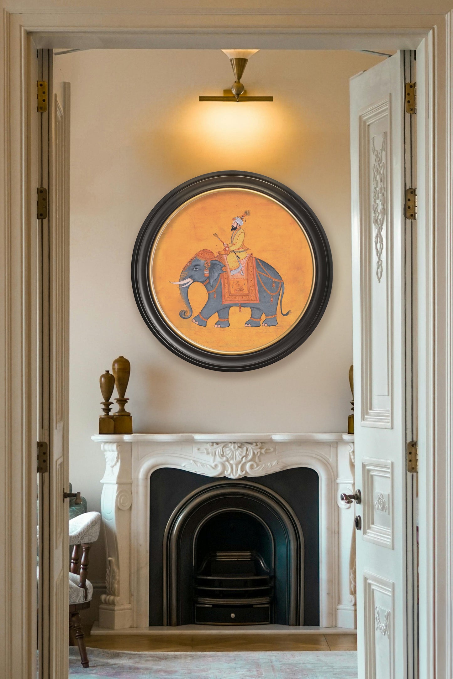 Royal Saffron Mughals – Oxford Round Frame styled view – Leya Buster Interiors