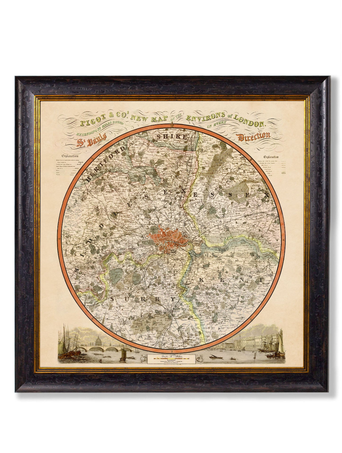 c.1839 Pigot & Co. New Map of the Environs London – framed wall art at Leya Buster Interiors