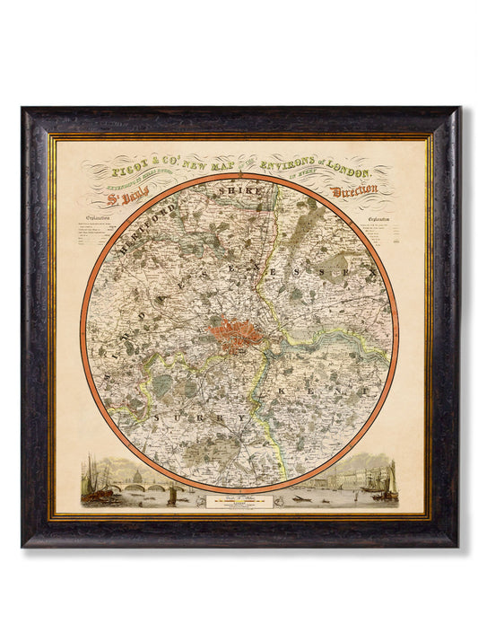 c.1839 Pigot & Co. New Map of the Environs London – framed wall art at Leya Buster Interiors