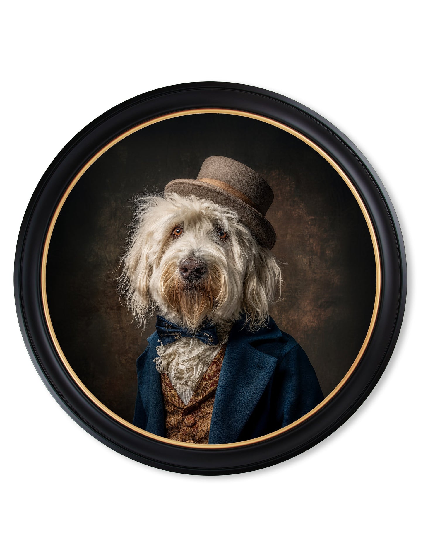Sir Wooliam – Gentleman Old English Sheepdog Oxford Round Frame styled view – Leya Buster Interiors