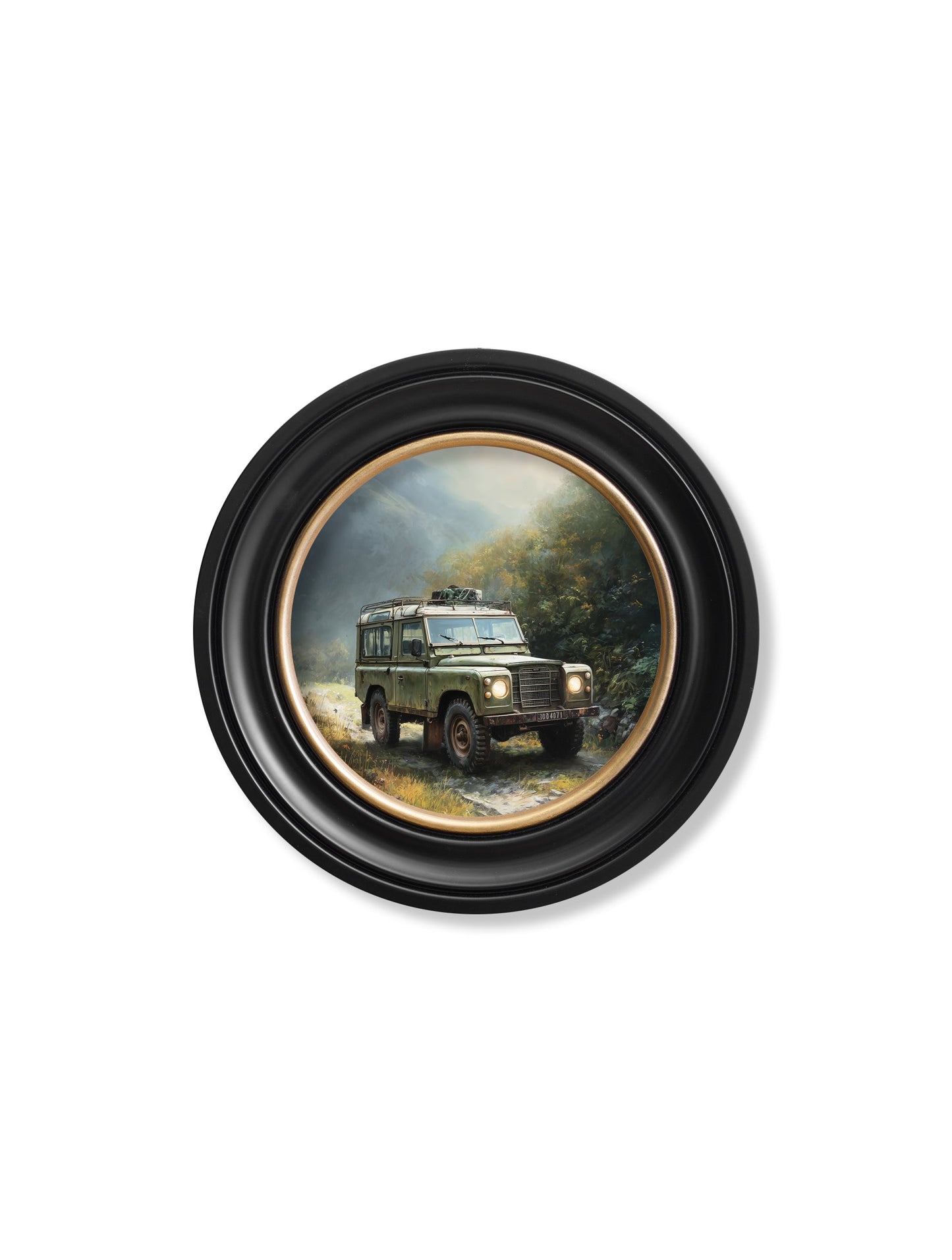 Country Track Defender Green – Oxford Round Frame styled view – Leya Buster Interiors
