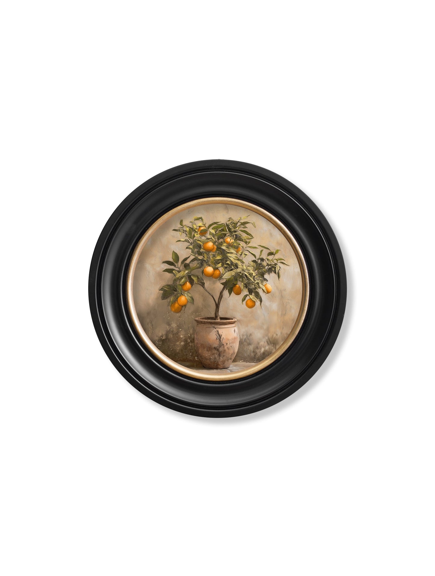 Mediterranean Orange Tree – Oxford Round Frame styled view – Leya Buster Interiors