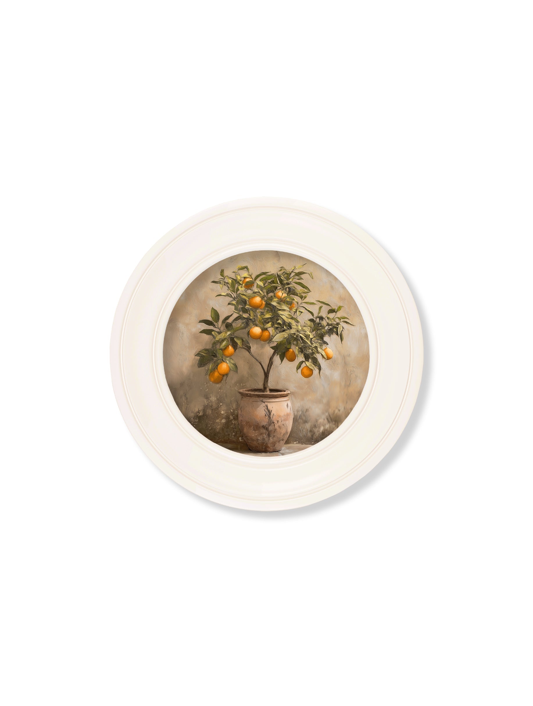 Mediterranean Orange Tree – Oxford Strong White Round Frame styled view – Leya Buster Interiors