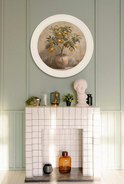 Mediterranean Orange Tree – Oxford Strong White Round Frame – framed wall art at Leya Buster Interiors
