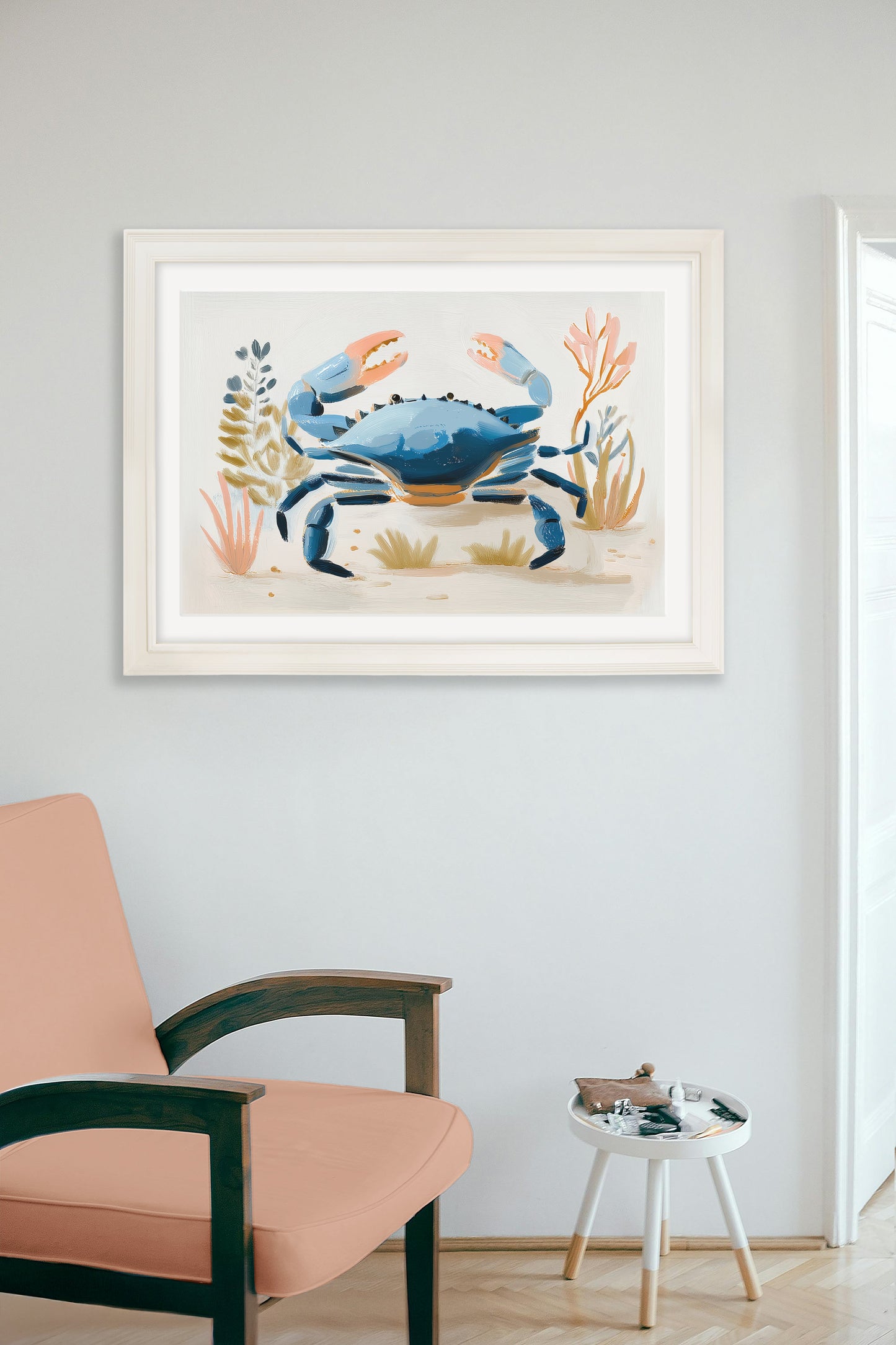 Pastel Shoreline Lobster & Crab – Cream Hurstwood Frame styled view – Leya Buster Interiors