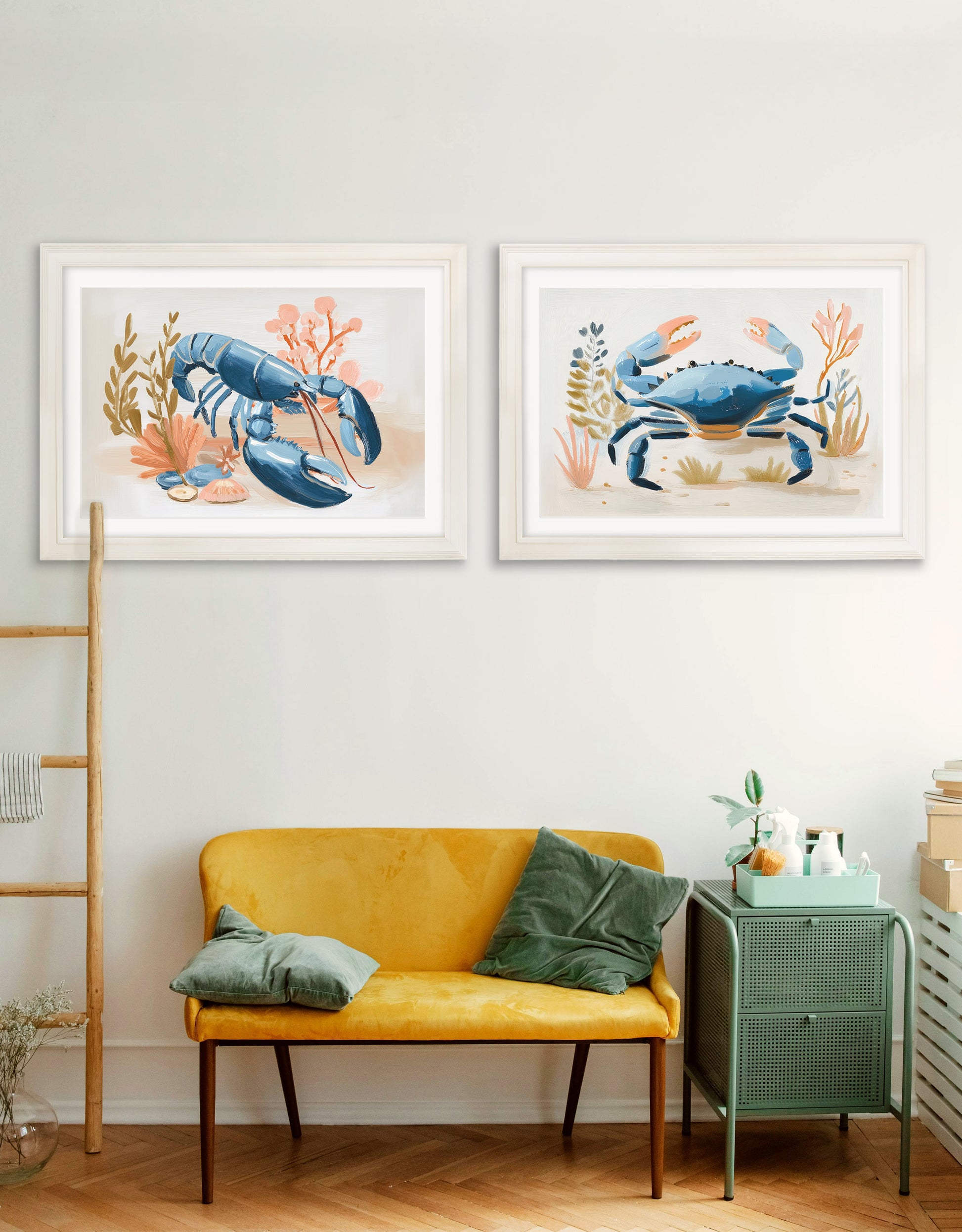 Pastel Shoreline Lobster & Crab – Cream Hurstwood Frame – framed wall art at Leya Buster Interiors